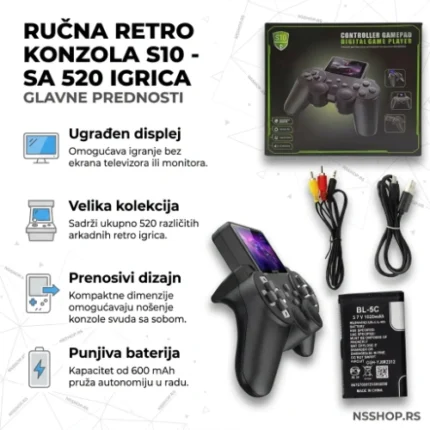 Ručna retro konzola S10 sa 520 ugrađenih igrica