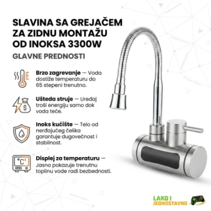 Slavina sa grejačem za zidnu montažu od inoksa 3300W