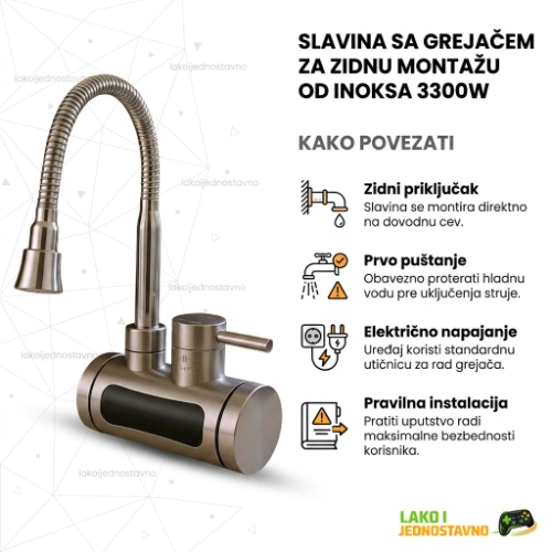 Slavina sa grejačem za zidnu montažu od inoksa 3300W — KAKO POVEZATI
