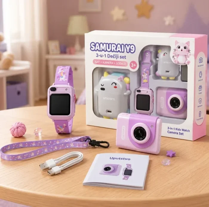 fotoaparat-za-decu-3u1-y9-kamera-fotoaparat-za-decu-3u1-y9-kamera-sat-i-maska-za-nosenje digitalni Fotoaparat za decu 3u1 Y9 kamera