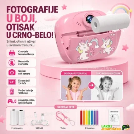Fotoaparat za decu Dva jednoroga sa štampačem i