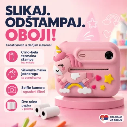 Fotoaparat za decu sa štampačem maska jednoroga sa
