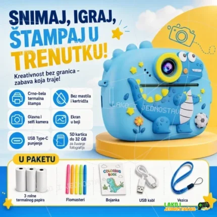 Fotoaparat za decu sa štampačem Plavi dinosaurus 3
