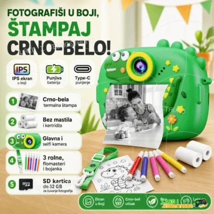 Fotoaparat za decu Zeleni dinosaurus sa štampačem i