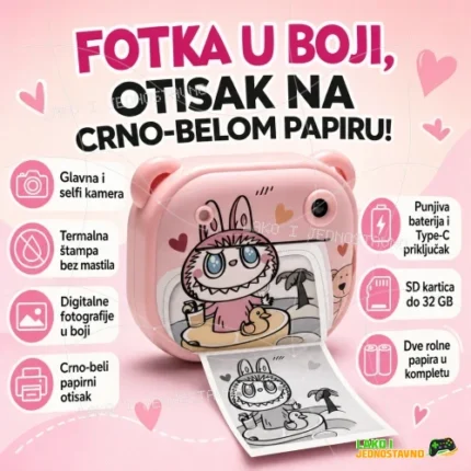 Labubu fotoaparat za decu sa štampačem roze