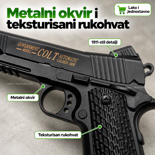C.10 airsoft pištolj detalji - Lako i Jednostavno Detalji C.10 airsoft pištolja, metalni okvir i teksturisani rukohvat - Lako i Jednostavno