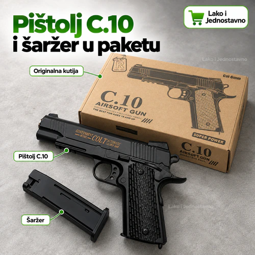 C.10 airsoft pištolj paket - Lako i Jednostavno C.10 airsoft pištolj, šaržer i originalna kutija - Lako i Jednostavno