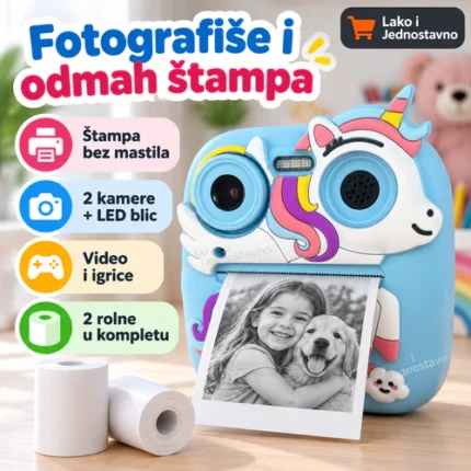 Fotoaparat za decu sa štampačem Plavi Jednorog 3D – instant štampa bez mastila