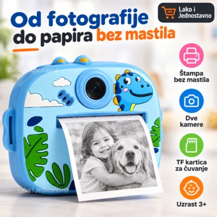 Plavi Dino fotoaparat za decu sa štampačem – štampa bez mastila, dve kamere i TF kartica