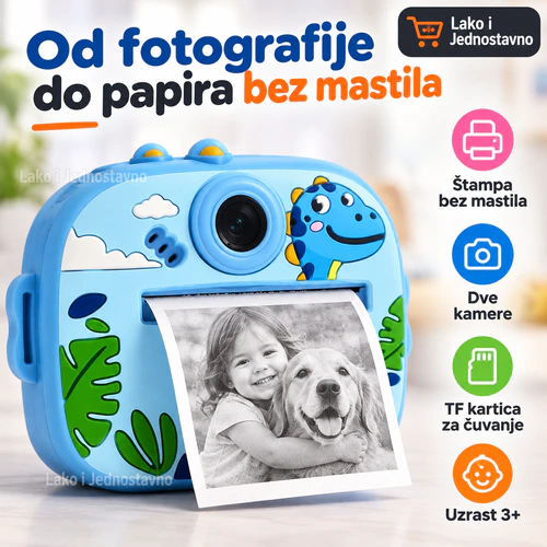 Plavi Dino fotoaparat za decu sa štampačem – glavna slika Plavi Dino fotoaparat za decu sa štampačem – štampa bez mastila, dve kamere i TF kartica