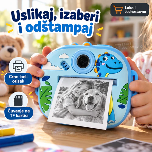 Plavi Dinosaurus fotoaparat za decu u upotrebi Plavi Dinosaurus fotoaparat za decu sa štampačem u upotrebi – crno-beli otisak i čuvanje na TF kartici