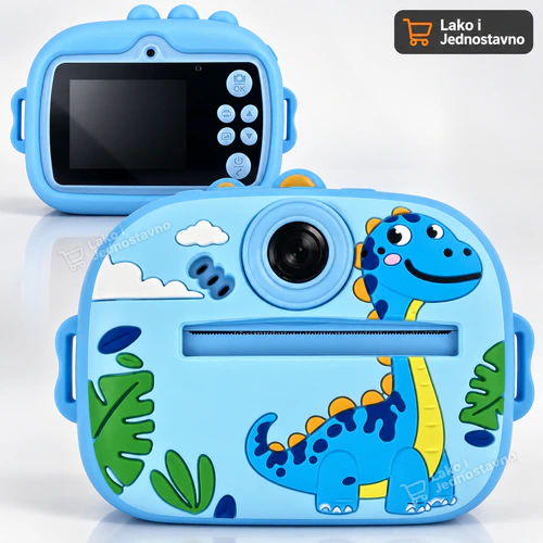 Plavi Dinosaurus fotoaparat za decu – prednji i zadnji prikaz Plavi Dinosaurus fotoaparat za decu sa štampačem – prednji i zadnji prikaz