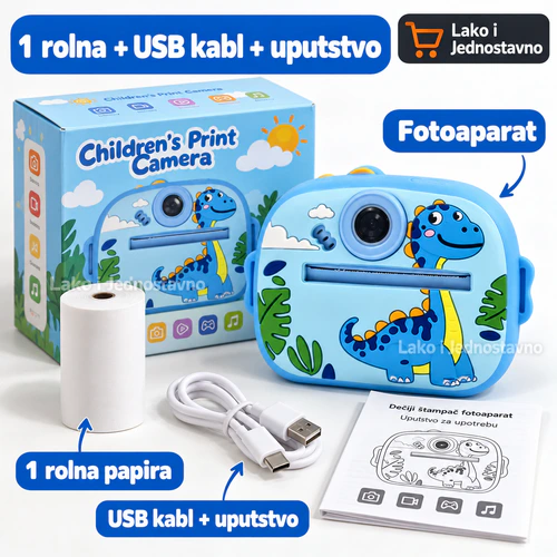 Plavi Dinosaurus paket – rolna, USB kabl i uputstvo Plavi Dinosaurus fotoaparat za decu sa štampačem – fotoaparat, jedna rolna papira, USB kabl i uputstvo
