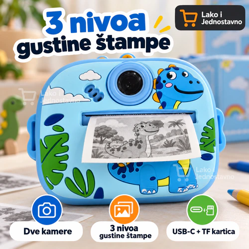 Plavi Dinosaurus – tri nivoa gustine štampe Plavi Dinosaurus fotoaparat za decu sa štampačem – tri nivoa gustine štampe, dve kamere, USB-C i TF kartica