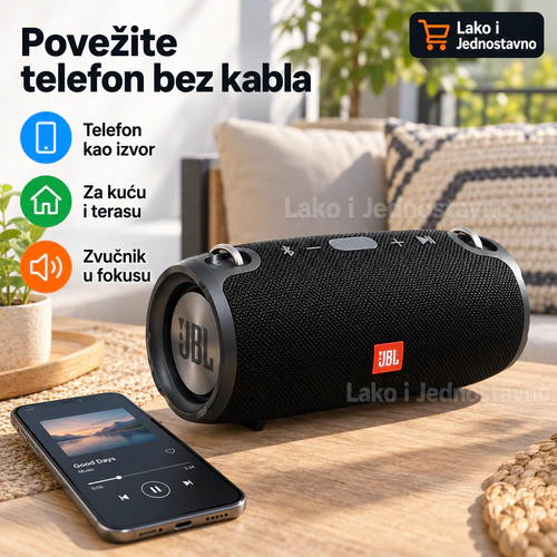 XERTMT Bluetooth zvučnik - povezivanje sa telefonom Bluetooth zvučnik povezan sa telefonom u kućnom ambijentu