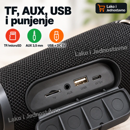 XERTMT Bluetooth zvučnik - priključci Priključci Bluetooth zvučnika TF, AUX, USB i DC 5V