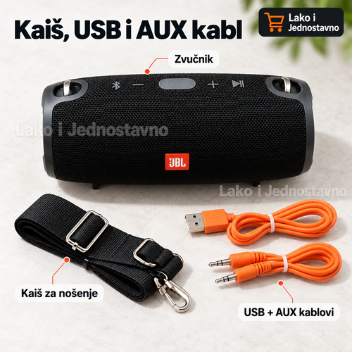 XERTMT Bluetooth zvučnik - sadržaj paketa Bluetooth zvučnik sa kaišem, USB i AUX kablovima