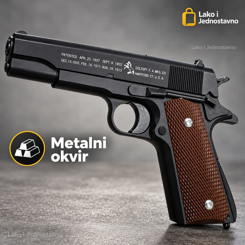 airsoft-pistolj-1911-braon-drska Airsoft pištolj 1911 stila sa metalnim okvirom i braon teksturisanom drškom - Lako i Jednostavno
