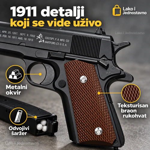 airsoft-pistolj-1911-metalni-okvir-detalj Detalji airsoft pištolja 1911 stila, metalni okvir, braon rukohvat i odvojivi šaržer - Lako i Jednostavno