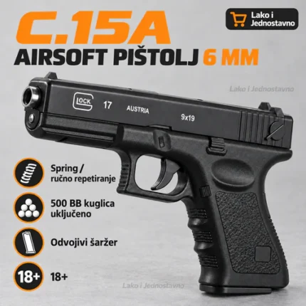 C.15A airsoft pištolj 6 mm sa spring pogonom i 500 BB kuglica – Lako i Jednostavno