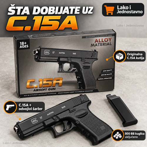 c15a-airsoft-lako-paket C.15A airsoft pištolj – originalna kutija, odvojivi šaržer i 500 BB kuglica