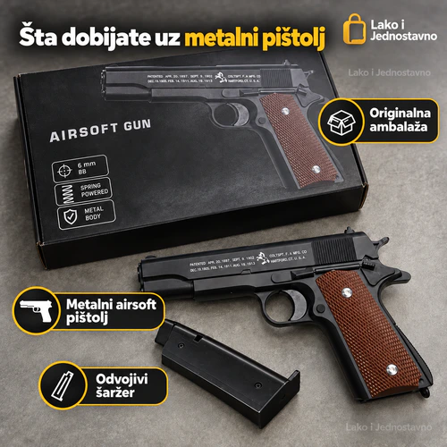 metalni-airsoft-pistolj-1911-paket Metalni airsoft pištolj 1911 stila sa odvojivim šaržerom i originalnom ambalažom - Lako i Jednostavno