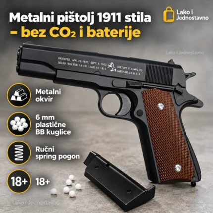 Metalni pištolj na kuglice 1911 stila sa metalnim okvirom i braon drškom - Lako i Jednostavno